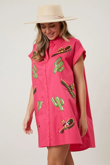 Hot Pink Embroidered Shirt Dress (QOS Dupe)