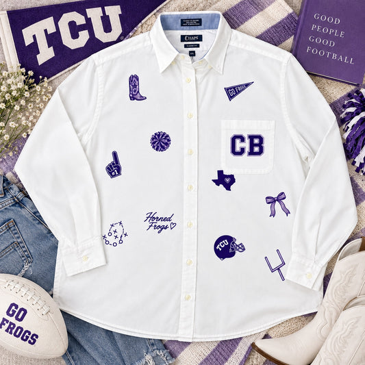 White custom icon button-down shirt with purple TCU icons and a CB pocket monogram