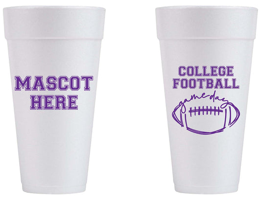 Reference example: white foam tailgate cups with a single-color purple football print