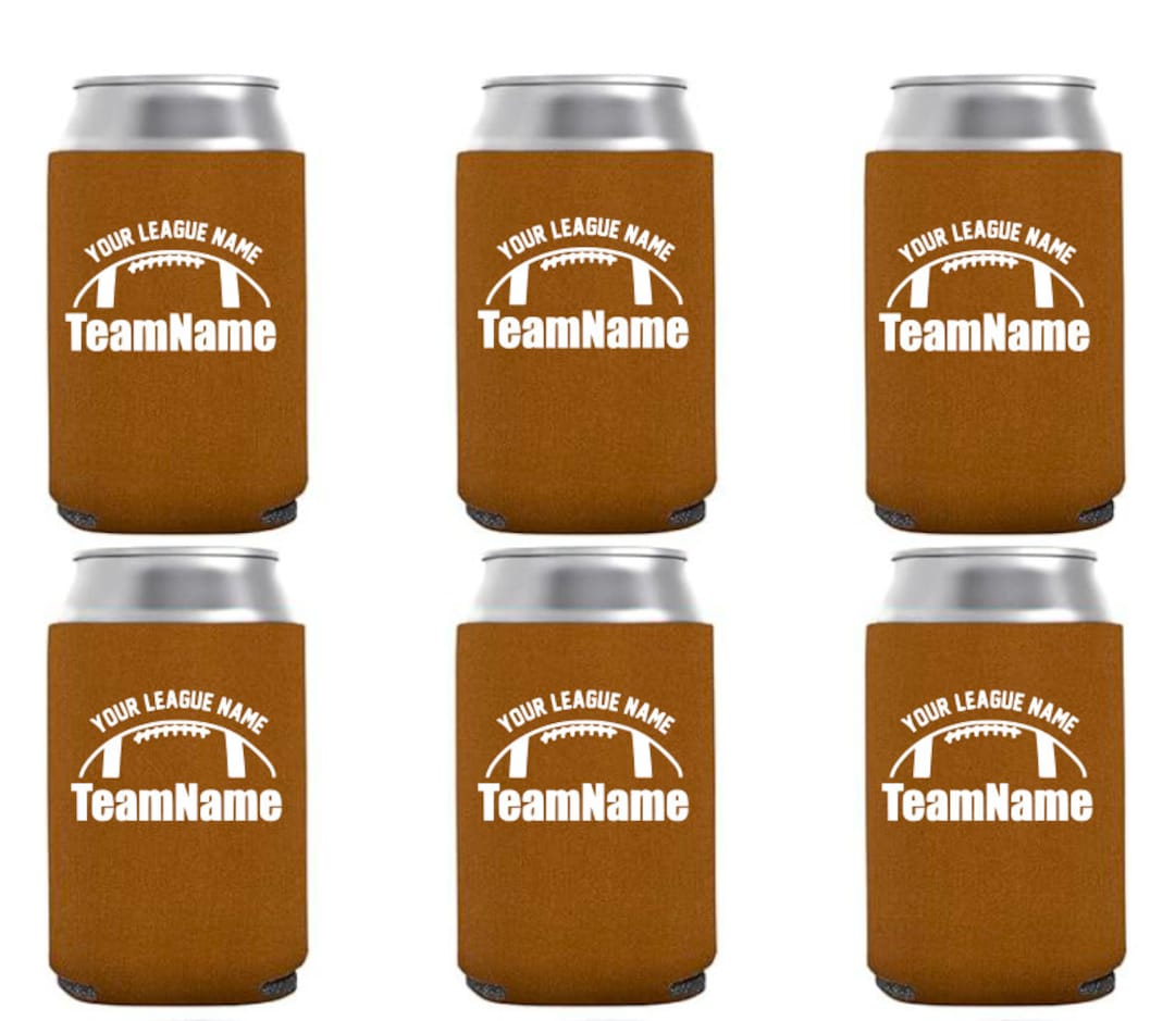 Reference example: brown football can koozies with a single-color white print