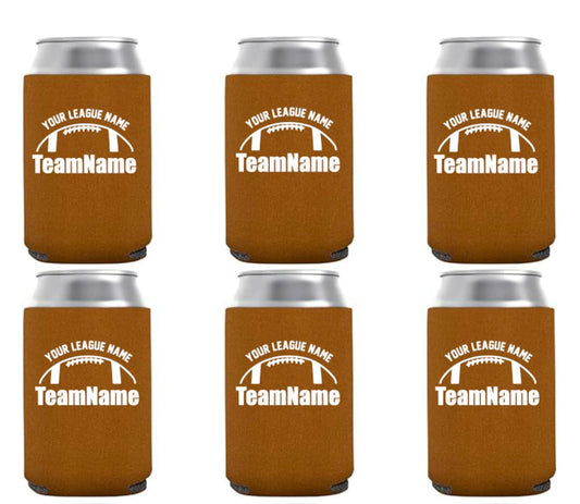 Reference example: brown football can koozies with a single-color white print