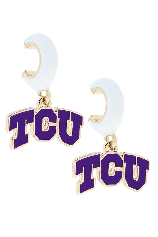 TCU Horned Frogs Enamel Logo Huggie Hoop Earrings in White