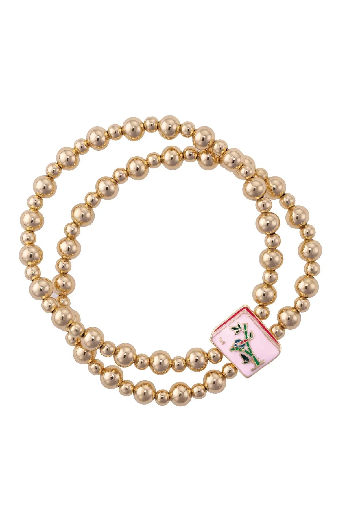 Mahjong 2-Row Ball Bead Stretch Bracelet in Shiny Gold